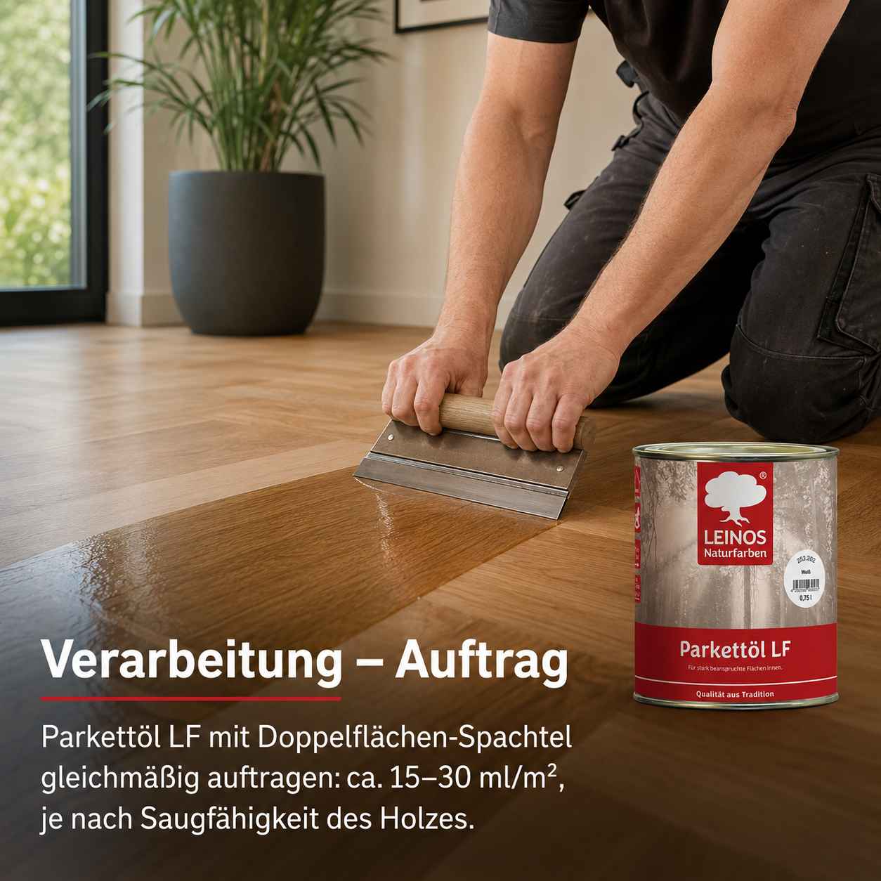 LEINOS Parkettöl LF 253 weiß 0,75 L – Natürlich pigmentiertes Holzöl für Parkett & Dielen, lösemittelfrei, offenporig, UV-stabil & strapazierfähig – ideal für helle Holzfußböden im Innenbereich