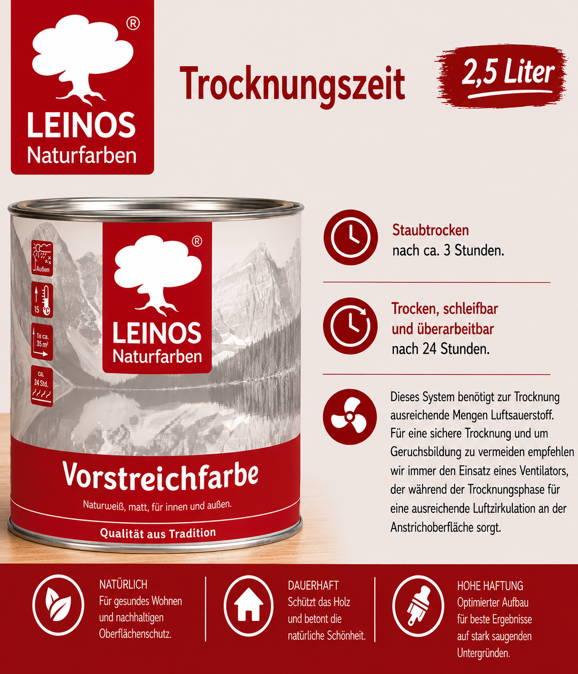LEINOS Vorstreichfarbe 810 | 2,5  Liter | hochwertige Haftgrundierung für Holz, Metall, Glasfasertapeten | schnelltrocknend, biozidfrei & umweltfreundlich | weiß matt, offenporig, für Innen- und Außenanwendungen