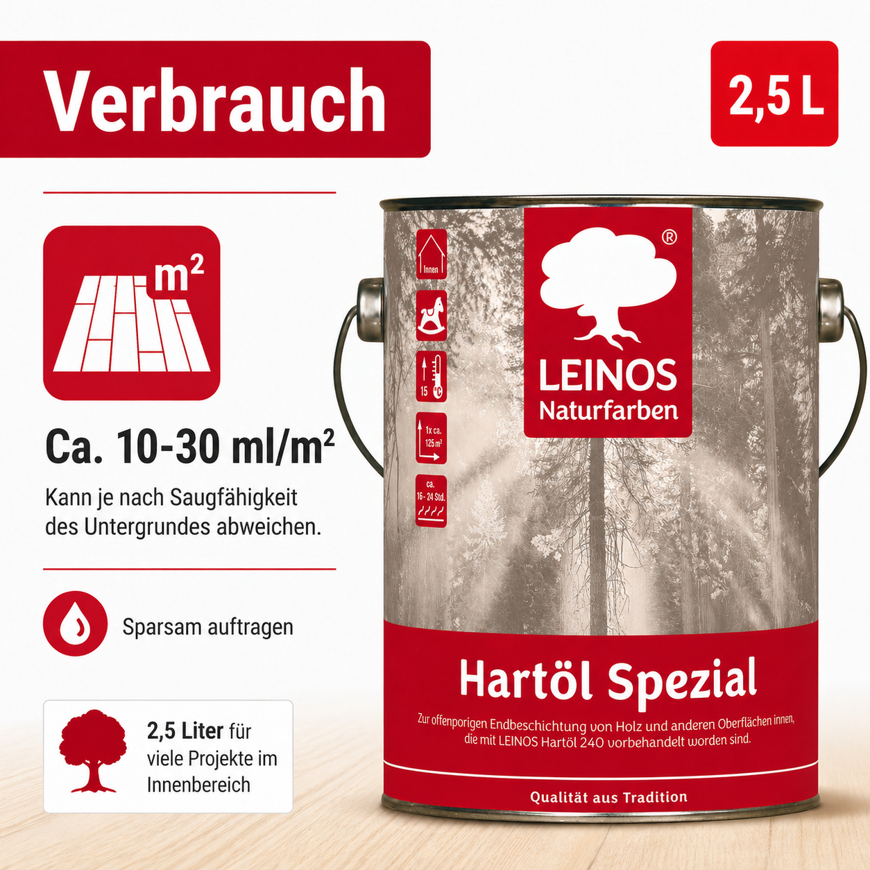 Leinos 245 Hartöl Spezial für Innen 2,5 l  Für stark strapazierte Flächen wie Fußböden und für den anspruchsvollen Möbelbau Hervorragende Polierfähigkeit
