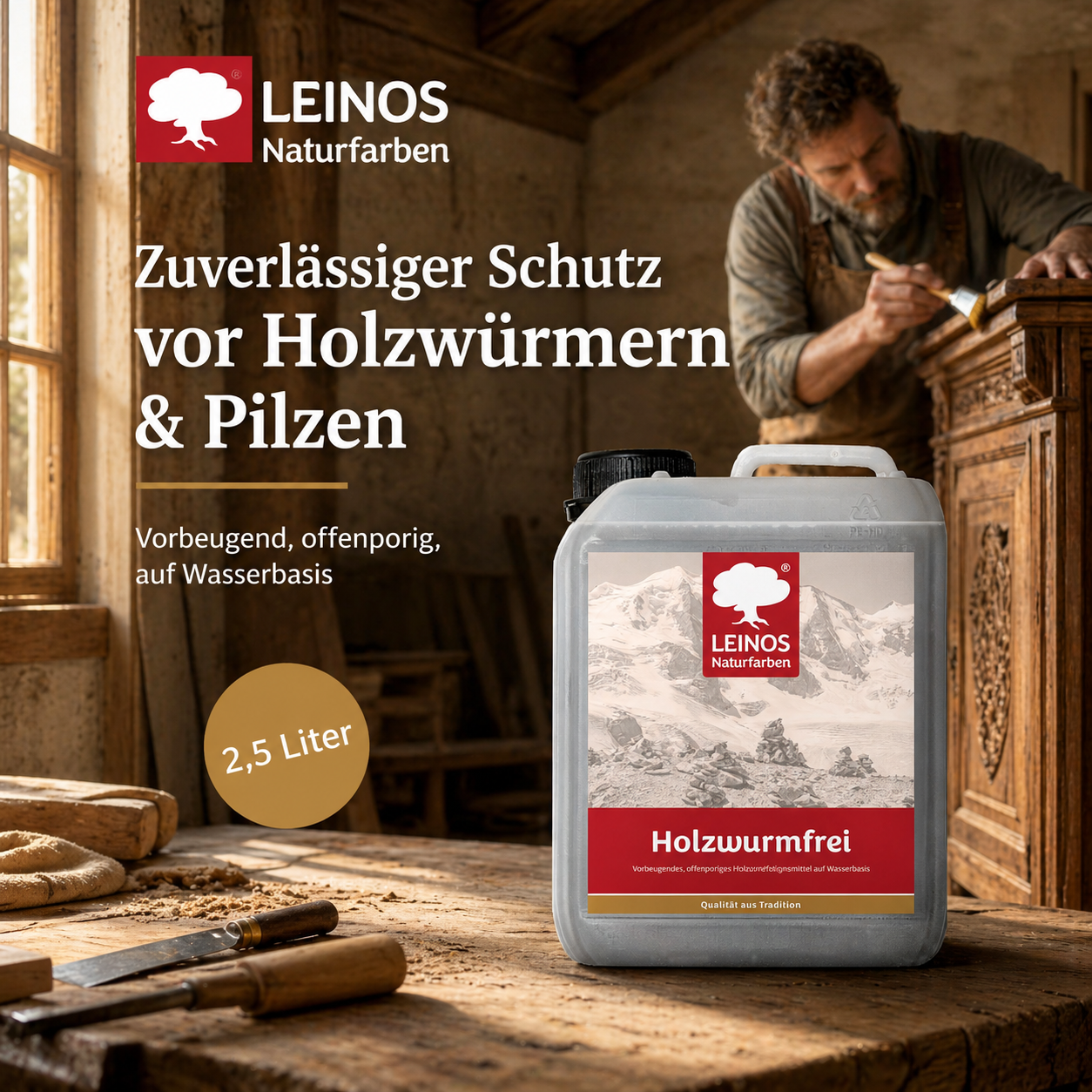 LEINOS Holzwurmfrei 2,5 Liter |  schützt  Holz durch physikalisch-mechanische Wirkung vor Pilz-  Insektenbefall | vorbeugendes, offenporiges Holzverfestigungsmittel,