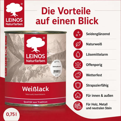 LEINOS 820 Weißlack Seidenglänzend | 0,75 L Innen & Außen | Wohngesunder Naturharz-Öl Lack, wetterfest & strapazierfähig | ca. 7 m² Reichweite | Für Möbel, Türen, Fenster, Holzflächen & Metall
