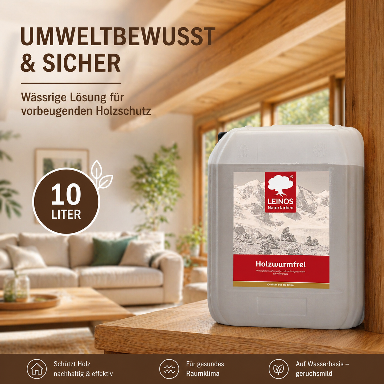 LEINOS Holzwurmfrei 130 - 10 Liter - Holzverfestigungsmittel gegen Insekten und Pilze, Schutz vor Holzwürmern