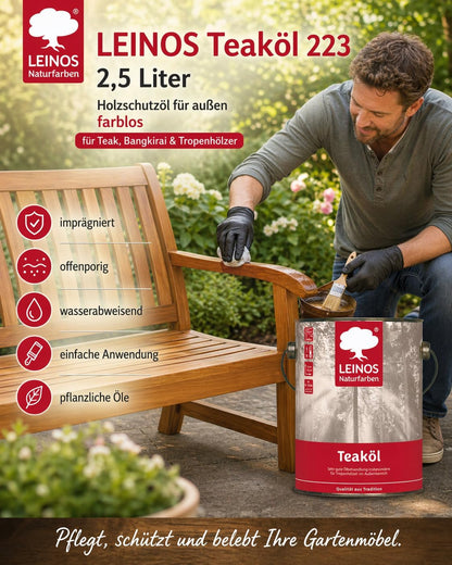 LEINOS Teaköl 223 – 2,5 Liter Holzschutzöl für außen, farblos, für Teak, Bangkirai & Tropenhölzer, imprägniert & frischt auf, pflanzliche Öle, offenporig, wasserabweisend, einfache Anwendung
