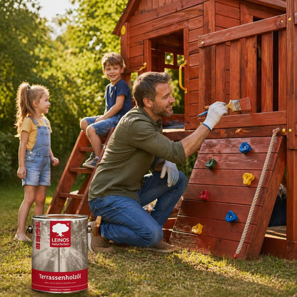 Leinos Terrassenholzöl 10,0 Liter – bräunlich Premium Holzschutzöl für außen, ideal für Lärche, Eiche, Akazie & Teak – Teaköl & Lärchenöl für Terrassen, Zäune, Gartenmöbel, Kinderspielgeräte & mehr