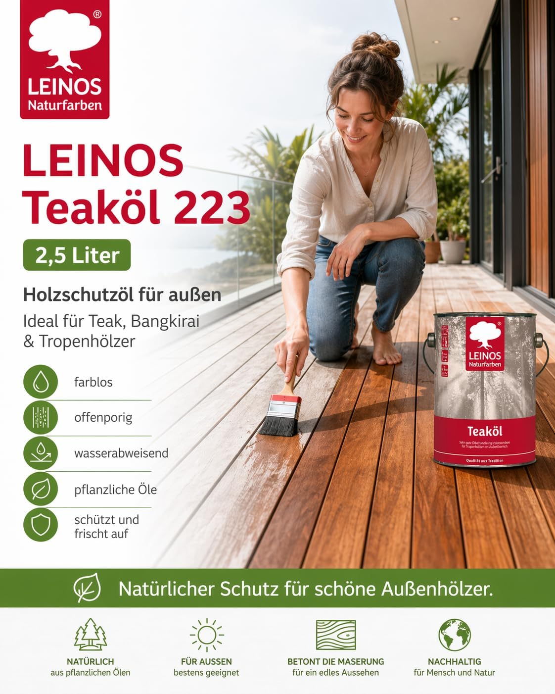 LEINOS Teaköl 223 – 2,5 Liter Holzschutzöl für außen, farblos, für Teak, Bangkirai & Tropenhölzer, imprägniert & frischt auf, pflanzliche Öle, offenporig, wasserabweisend, einfache Anwendung