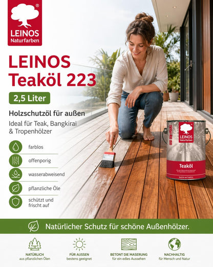 LEINOS Teaköl 223 – 2,5 Liter Holzschutzöl für außen, farblos, für Teak, Bangkirai & Tropenhölzer, imprägniert & frischt auf, pflanzliche Öle, offenporig, wasserabweisend, einfache Anwendung