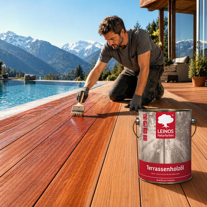Leinos Terrassenholzöl 10,0 Liter – bräunlich Premium Holzschutzöl für außen, ideal für Lärche, Eiche, Akazie & Teak – Teaköl & Lärchenöl für Terrassen, Zäune, Gartenmöbel, Kinderspielgeräte & mehr