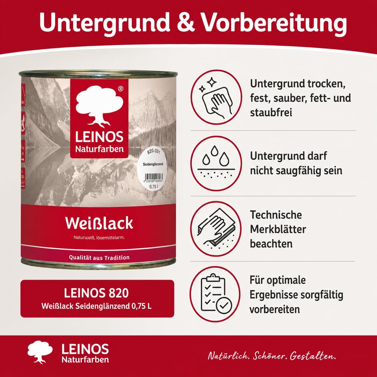 LEINOS 820 Weißlack Seidenglänzend | 0,75 L Innen & Außen | Wohngesunder Naturharz-Öl Lack, wetterfest & strapazierfähig | ca. 7 m² Reichweite | Für Möbel, Türen, Fenster, Holzflächen & Metall