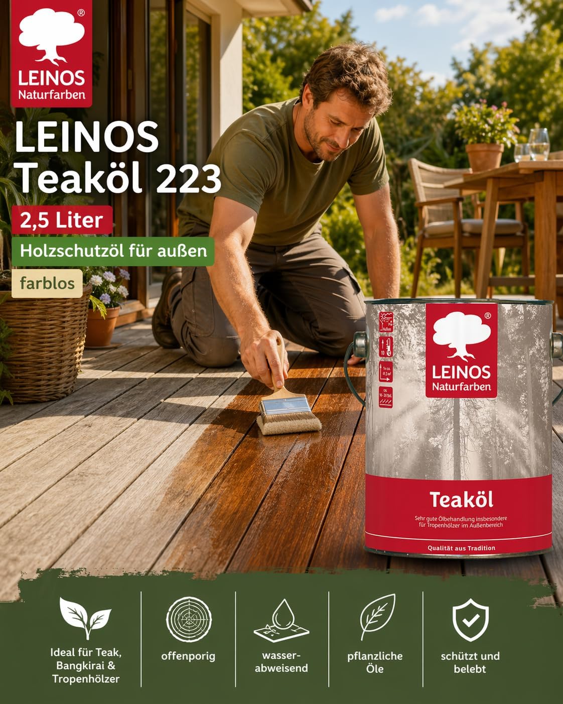 LEINOS Teaköl 223 – 2,5 Liter Holzschutzöl für außen, farblos, für Teak, Bangkirai & Tropenhölzer, imprägniert & frischt auf, pflanzliche Öle, offenporig, wasserabweisend, einfache Anwendung