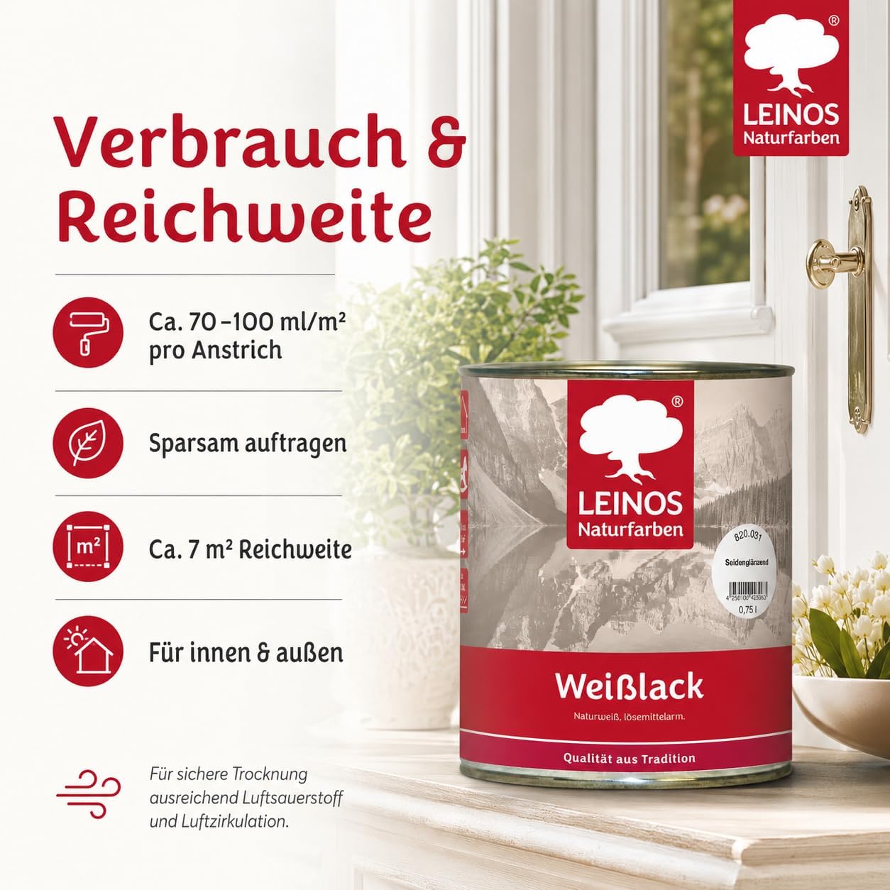 LEINOS 820 Weißlack Seidenglänzend | 0,75 L Innen & Außen | Wohngesunder Naturharz-Öl Lack, wetterfest & strapazierfähig | ca. 7 m² Reichweite | Für Möbel, Türen, Fenster, Holzflächen & Metall