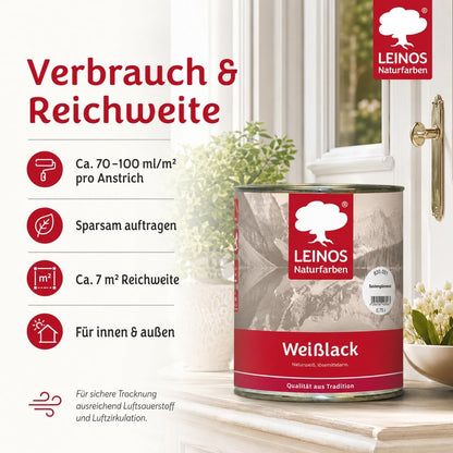 LEINOS 820 Weißlack Seidenglänzend | 0,75 L Innen & Außen | Wohngesunder Naturharz-Öl Lack, wetterfest & strapazierfähig | ca. 7 m² Reichweite | Für Möbel, Türen, Fenster, Holzflächen & Metall