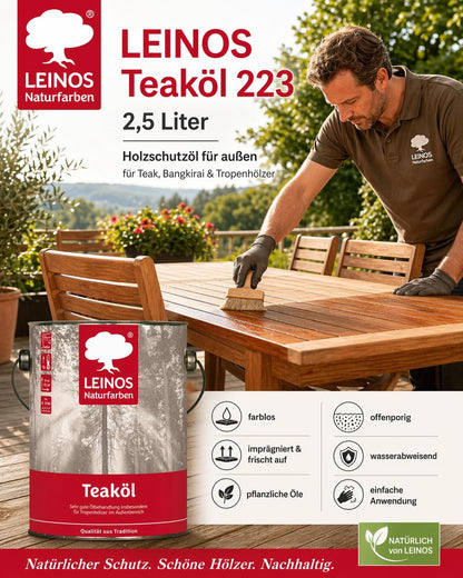 LEINOS Teaköl 223 – 2,5 Liter Holzschutzöl für außen, farblos, für Teak, Bangkirai & Tropenhölzer, imprägniert & frischt auf, pflanzliche Öle, offenporig, wasserabweisend, einfache Anwendung