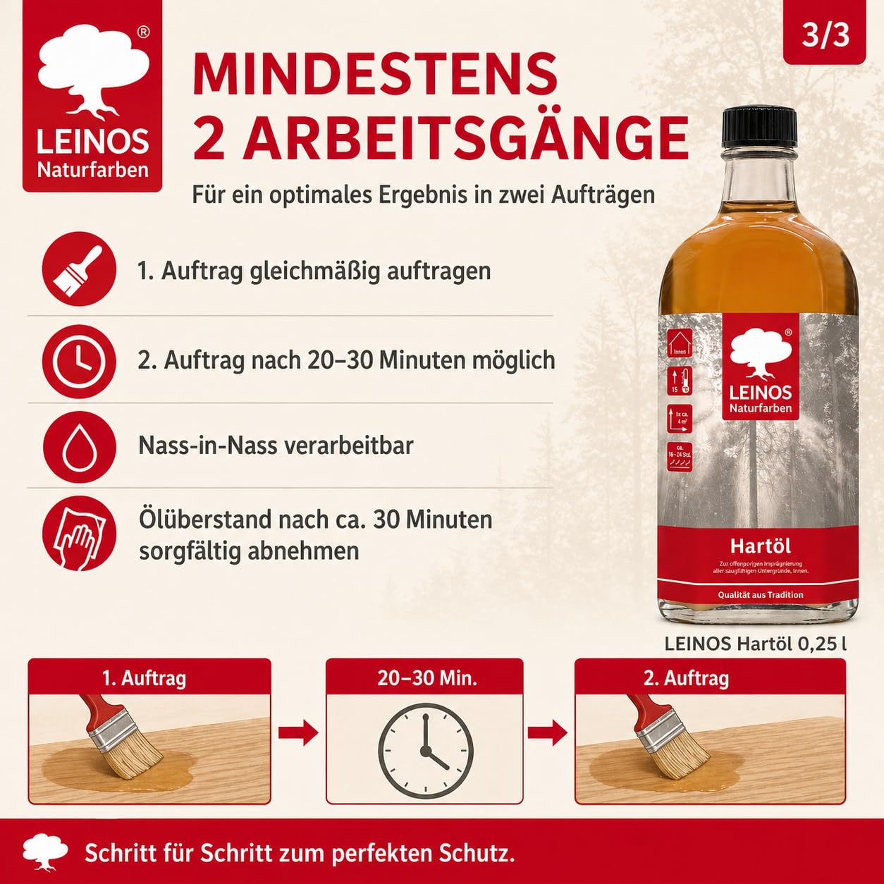 LEINOS Holzöl 250 ml | Hartöl Doppelweiß für Tische Möbel Arbeitsplatten | Teak Eiche Möbelöl für effektive Versiegelung und langanhaltenden Schutz im Innenbereich