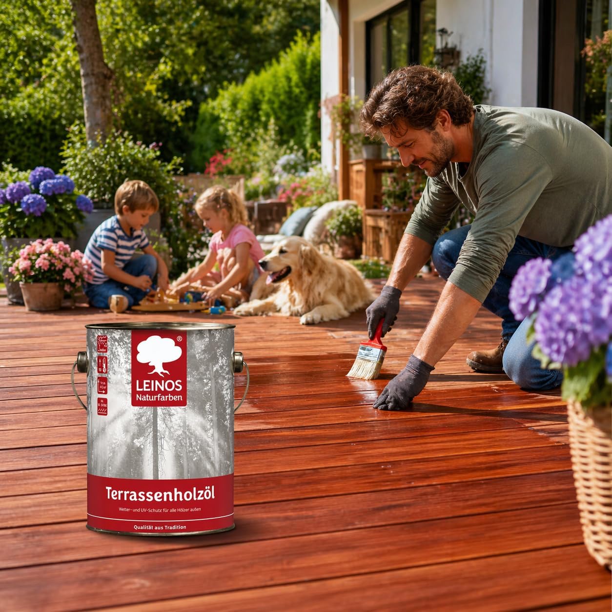 Leinos Terrassenholzöl 10,0 Liter – bräunlich Premium Holzschutzöl für außen, ideal für Lärche, Eiche, Akazie & Teak – Teaköl & Lärchenöl für Terrassen, Zäune, Gartenmöbel, Kinderspielgeräte & mehr