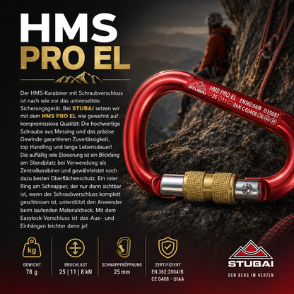 HMS Karabiner | STUBAI Karabiner mit Schraubverschluss, Schraubkarabiner zum Klettern, Kletter-Karabinerhaken, Sicherungskarabiner zum Bergsteigen, Rot