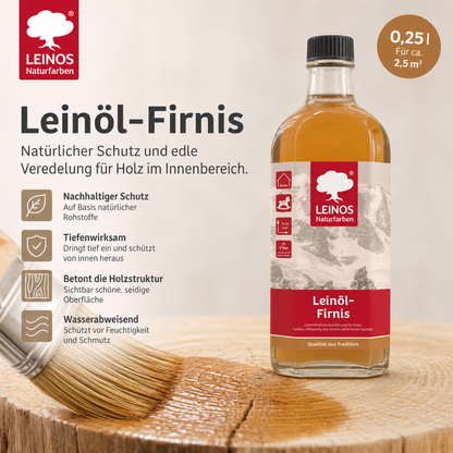 LEINOS Leinöl-Firnis 230 – 0,25 L für innen und außen – offenporige Grundierung für stark saugende Untergründe wie Hirnholzparkett, Kork, Terracotta – lösemittelfrei – ohne Filmschutz außen