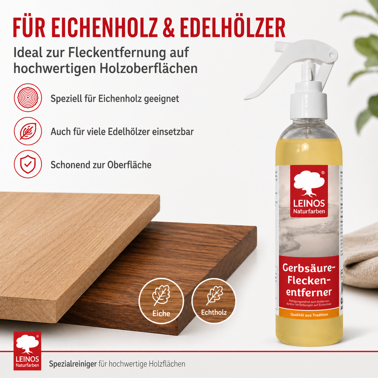 LEINOS Gerbsäureflecken Entferner 946 – 250ml Spezialreiniger für Eichenholz & Edelhölzer – entfernt dunkle Flecken & Verfärbungen durch Gerbsäure – Wasserbasiert, Biologisch Abbaubar & Farblos