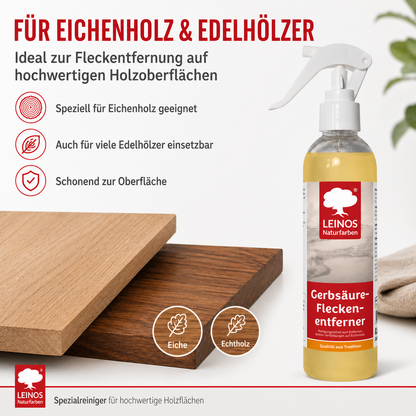 LEINOS Gerbsäureflecken Entferner 946 – 250ml Spezialreiniger für Eichenholz & Edelhölzer – entfernt dunkle Flecken & Verfärbungen durch Gerbsäure – Wasserbasiert, Biologisch Abbaubar & Farblos