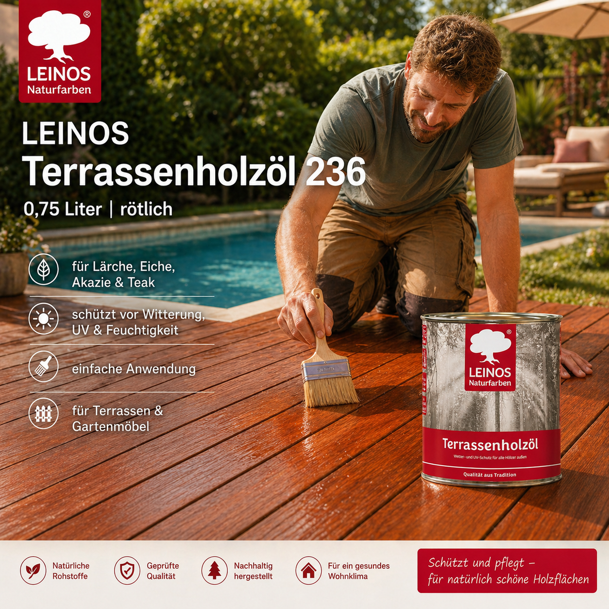 Leinos Terrassenholzöl 0,75l – rötliches Premium Holzschutzöl für außen, ideal für Lärche, Eiche, Akazie & Teak – Teaköl & Lärchenöl für Terrassen, Zäune, Gartenmöbel, Kinderspielgeräte & mehr
