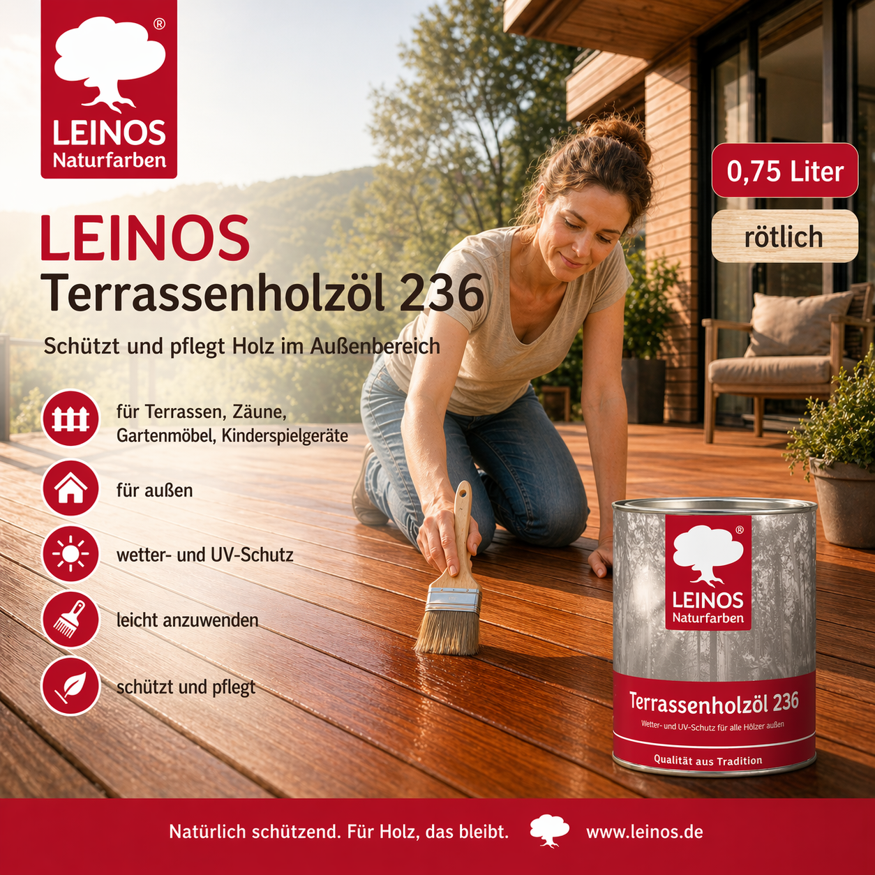 Leinos Terrassenholzöl 0,75l – rötliches Premium Holzschutzöl für außen, ideal für Lärche, Eiche, Akazie & Teak – Teaköl & Lärchenöl für Terrassen, Zäune, Gartenmöbel, Kinderspielgeräte & mehr