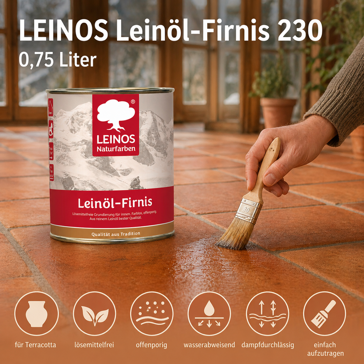 LEINOS Leinöl-Firnis 230 – 0,75 L für innen und außen – offenporige Grundierung für stark saugende Untergründe wie Hirnholzparkett, Kork, Terracotta – lösungsmittelfrei – ohne Filmschutz außen