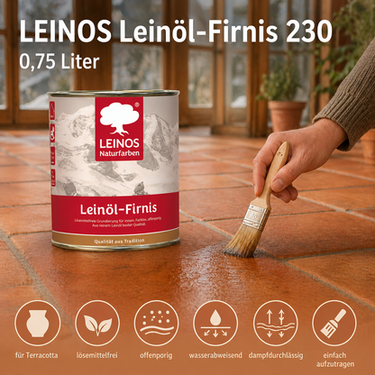LEINOS Leinöl-Firnis 230 – 0,75 L für innen und außen – offenporige Grundierung für stark saugende Untergründe wie Hirnholzparkett, Kork, Terracotta – lösungsmittelfrei – ohne Filmschutz außen
