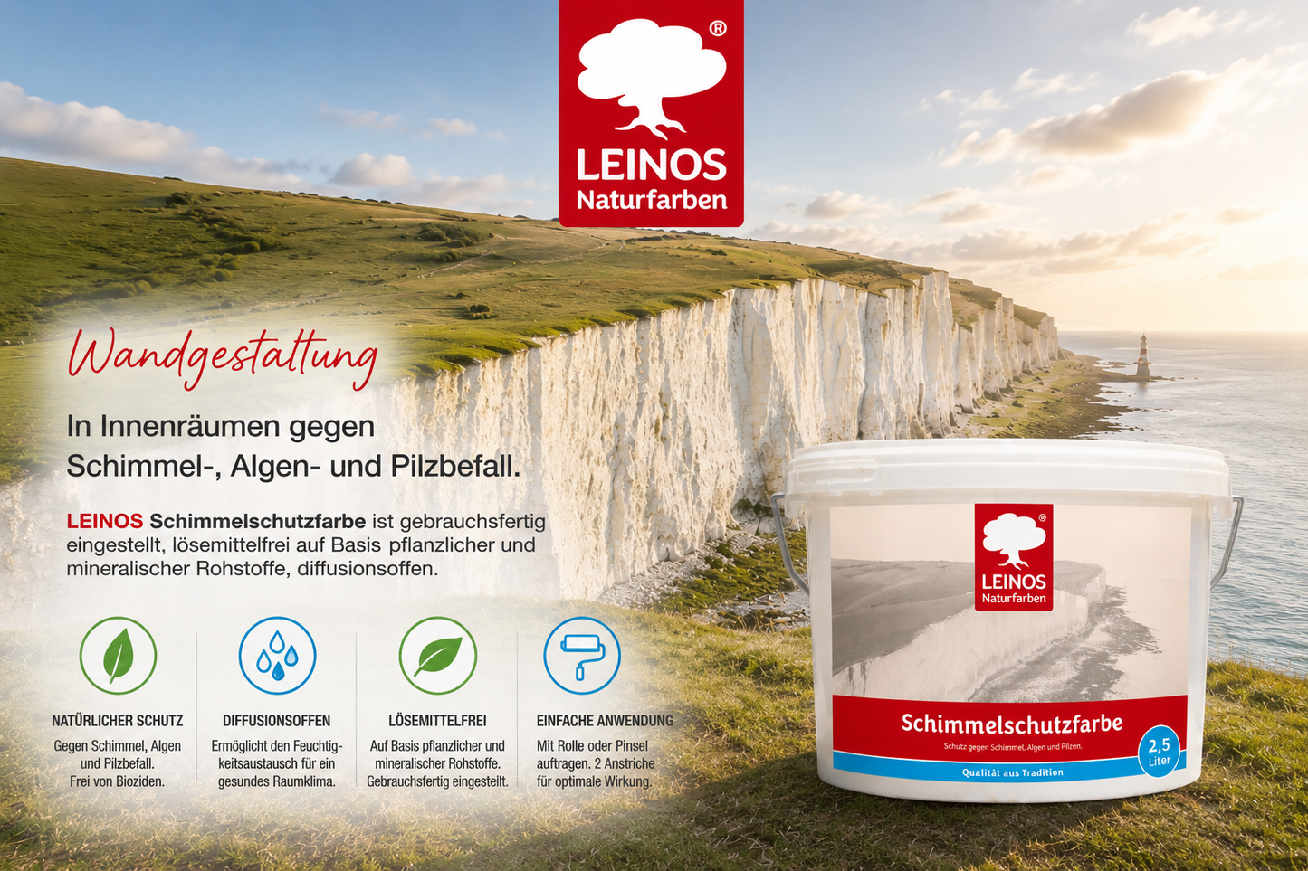 LEINOS 695 Schimmelschutzfarbe 2,5 l für Innenräume, gegen Schimmel, Algen und Pilze, biozidfrei, lösemittelfrei, diffusionsoffen, natürliche Wirkung, hohe Deckkraft, weiß, gebrauchsfertig Innenwände!