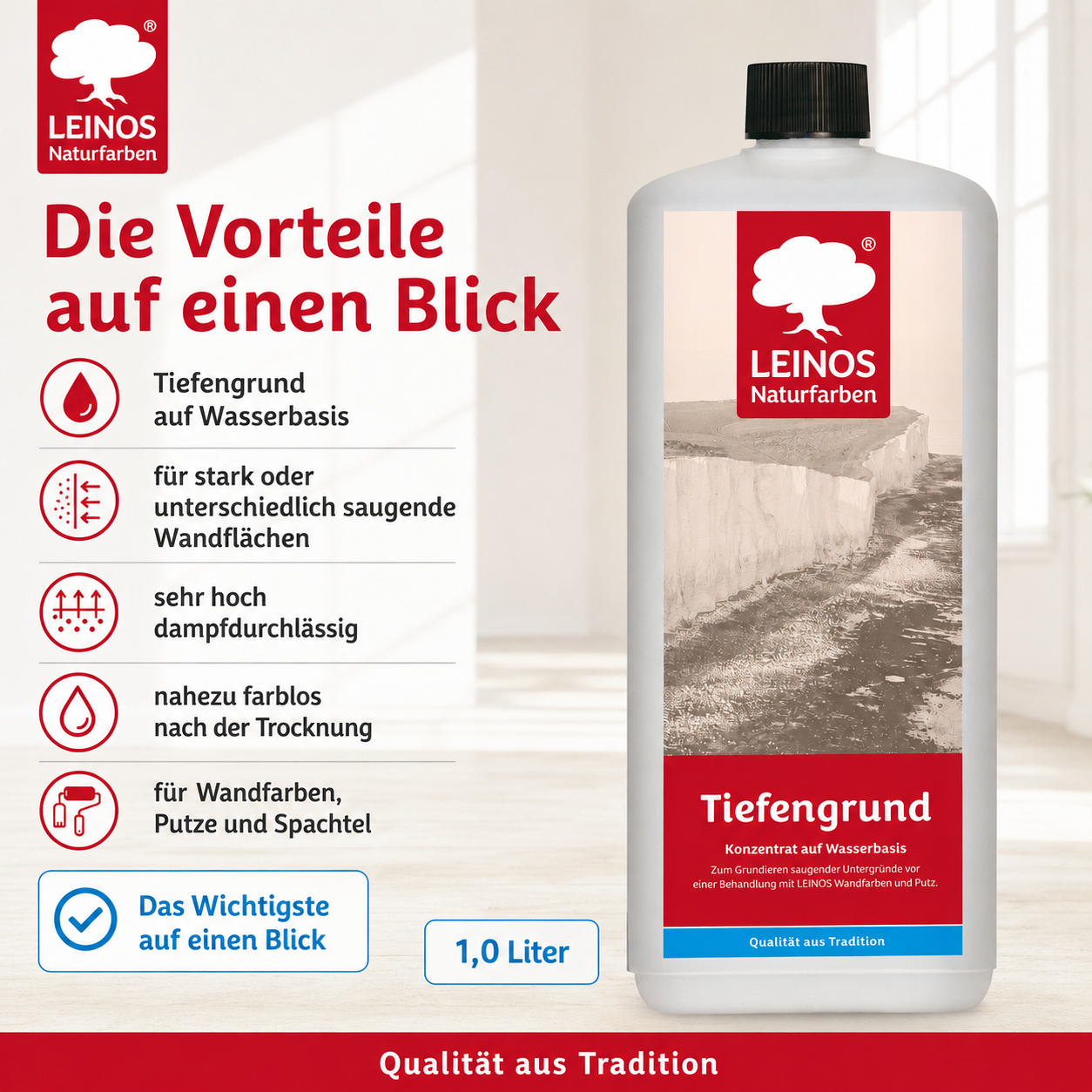 LEINOS Tiefengrund 620/ 1  Liter  – natürliche Grundierung für stark saugende Untergründe | Transparent, hoch dampfdurchlässig | Vorbereitung für Wandfarbe & Putz | 1L reicht für bis zu 25 m²