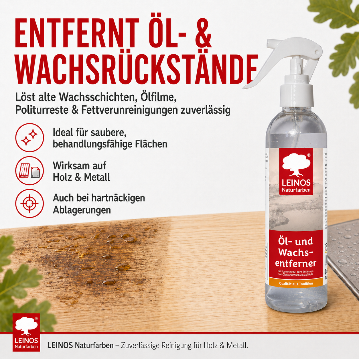 LEINOS Öl- und Wachs-Entferner 948 – Wasserbasiertes, Alkalisches Reinigungsmittel zur Effektiven Entfernung von Ölen & Wachsen auf Holz- und Metalloberflächen (0,25 L)