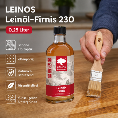 LEINOS Leinöl-Firnis 230 – 0,25 L für innen und außen – offenporige Grundierung für stark saugende Untergründe wie Hirnholzparkett, Kork, Terracotta – lösemittelfrei – ohne Filmschutz außen