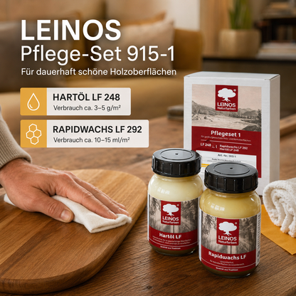 LEINOS Pflege-Set 915-1für geölte  und gewachste Möbeloberflächen je 0,1 Liter  | Lösemittelfreie, schnelle Einmalbehandlung oder -reperatur von nicht stark strapazierten Holzoberflächen