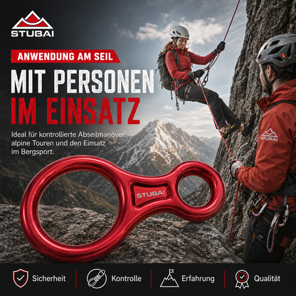 STUBAI Abseilachter groß – Sicherungsgerät aus Aluminium (109 g, 30 kN) – für Klettern, Bergsteigen, Canyoning, Höhenarbeit & Rettung – EN 15151-2 zertifiziert – rot eloxier