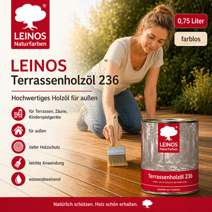 LEINOS Terrassenholzöl 236 | 0,75 Liter | Hochwertiges Holzöl für außen | Für Terrassen, Zäune, Kinderspielgeräte | Farbton: farblos | Tiefer Holzschutz & leichte Anwendung