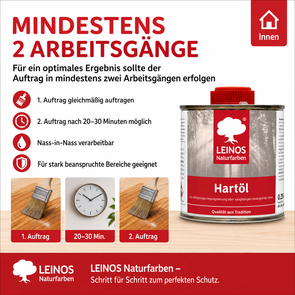 LEINOS Holzöl 250 ml | Hartöl Farblos für Tische Möbel Arbeitsplatten | Teak Eiche Möbelöl für effektive Versiegelung und langanhaltenden Schutz im Innenbereich