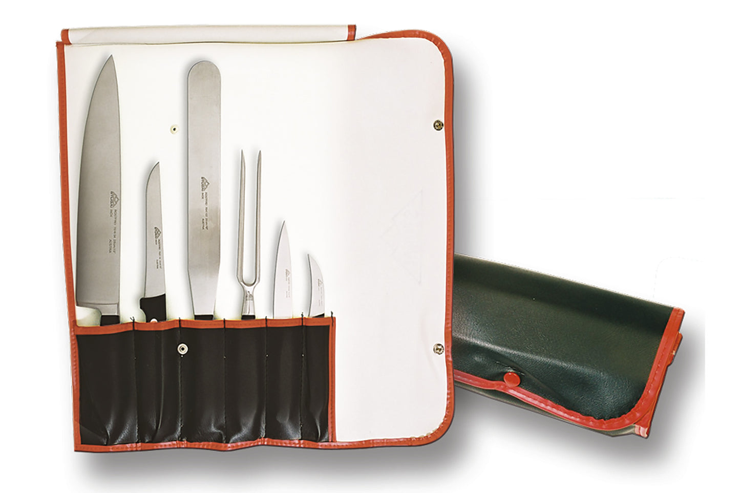 Auswahl an Messern und Küchenwerkzeugen | Kochmesser | Schälmesser | Ausbeimesser | Spickmesser | Küchengabel | Palette STUBAI Rolltasche neu bestückt 6-teilig