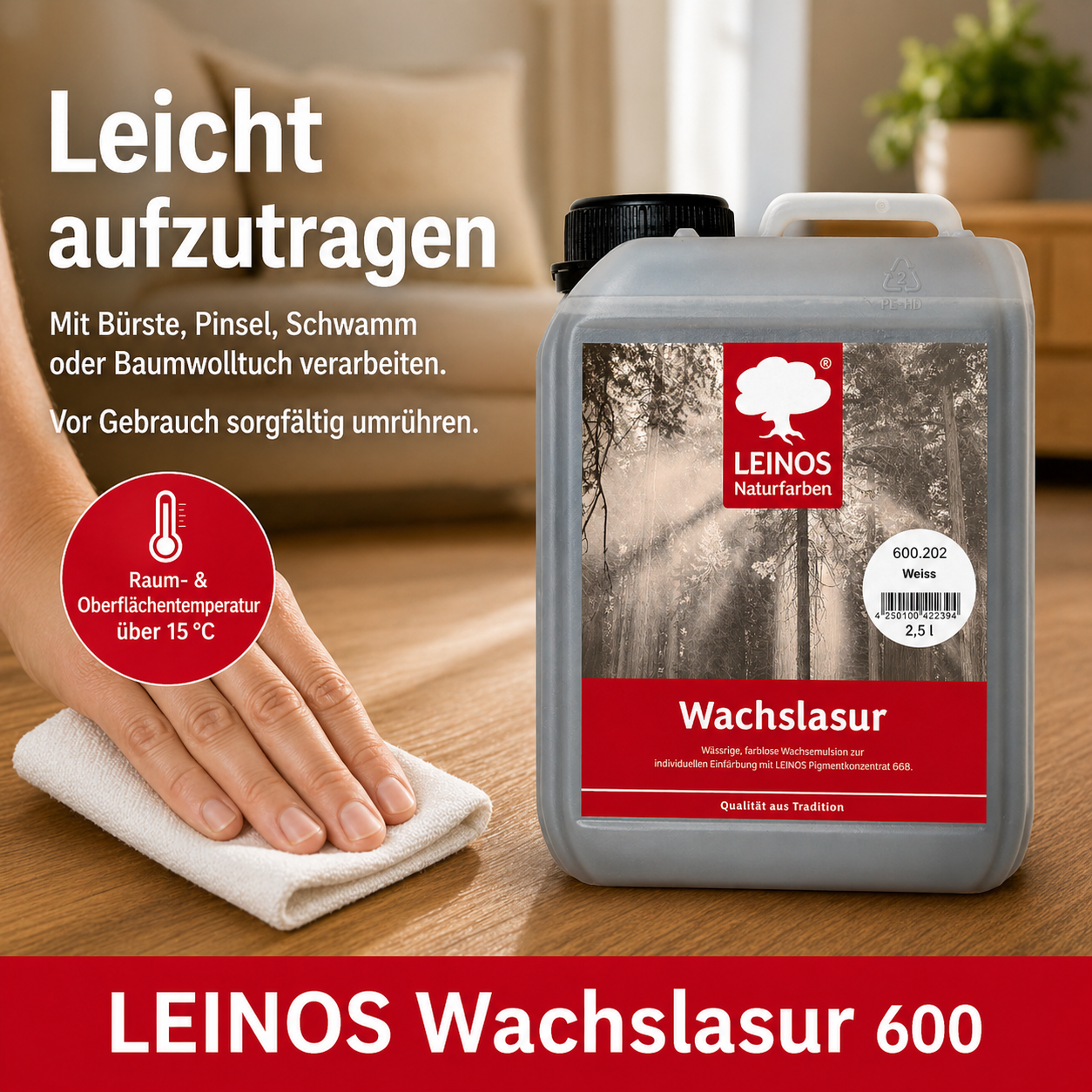 Leinos 600 Wachslasur für Innen 202 Weiß 2,5 l – wässrige Holzlasur für Möbel, Holzdecken, Wandverkleidungen und Kinderspielzeug im Innenbereich, weiß