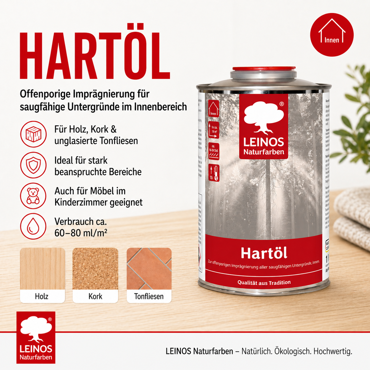 LEINOS Holzöl 1,0 l | Farbloses Hartöl für Möbel, Tische, Arbeitsplatten | Öl für Teak, Eiche & weitere Hölzer | Natürliche Imprägnierung & effektive Versiegelung mit langanhaltendem Schutz innen