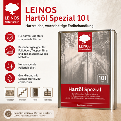 Leinos Spezial Hartöl 10 L | Farbloses Versiegelungsöl | Holzöl für effektive Endbeschichtung und langanhaltenden Schutz im Innenbereich