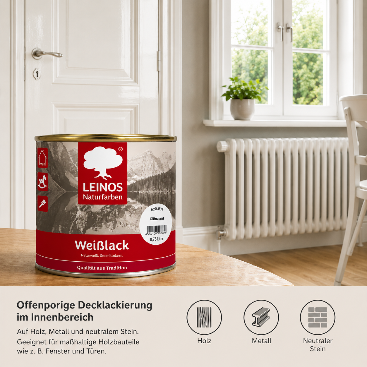 LEINOS 820 Weißlack Seidenglänzend | 0,25 L Innen & Außen | Wohngesunder Naturharz-Öl Lack, wasserfest & langlebig | ca. 2 m² Reichweite | Für kleine Flächen, Möbelstücke & Ausbesserungen