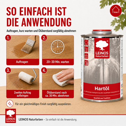 LEINOS Holzöl 1,0 l | Farbloses Hartöl für Möbel, Tische, Arbeitsplatten | Öl für Teak, Eiche & weitere Hölzer | Natürliche Imprägnierung & effektive Versiegelung mit langanhaltendem Schutz innen