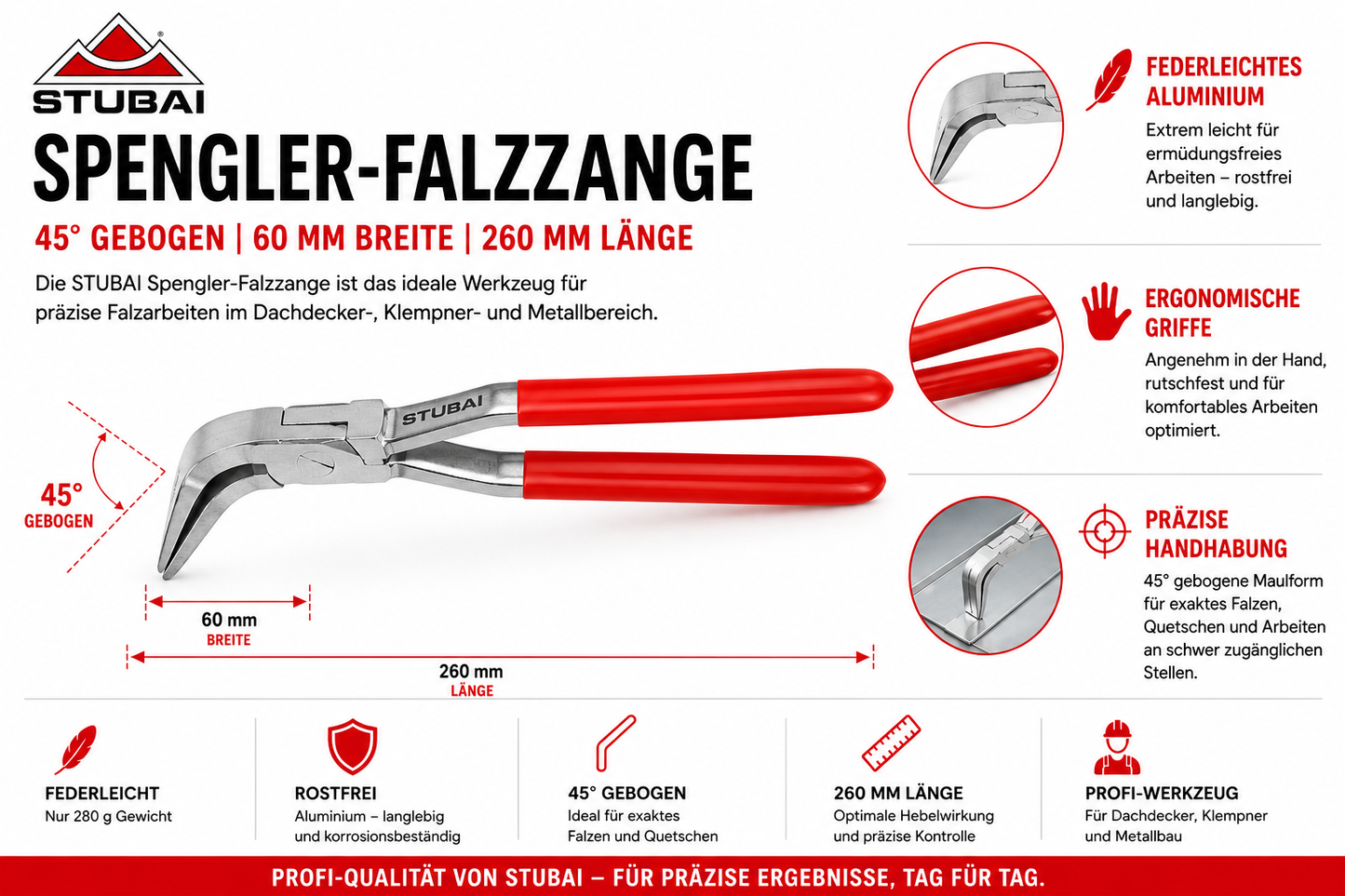 STUBAI Spengler-Falzzange 45° gebogen 60 mm | Aluminium, federleicht & rostfrei | Ergonomische Blechzange nur 280 g | Profi-Werkzeug für Dachdecker, Klempner & Metallbau | 260 mm Länge, präzise Handhabung