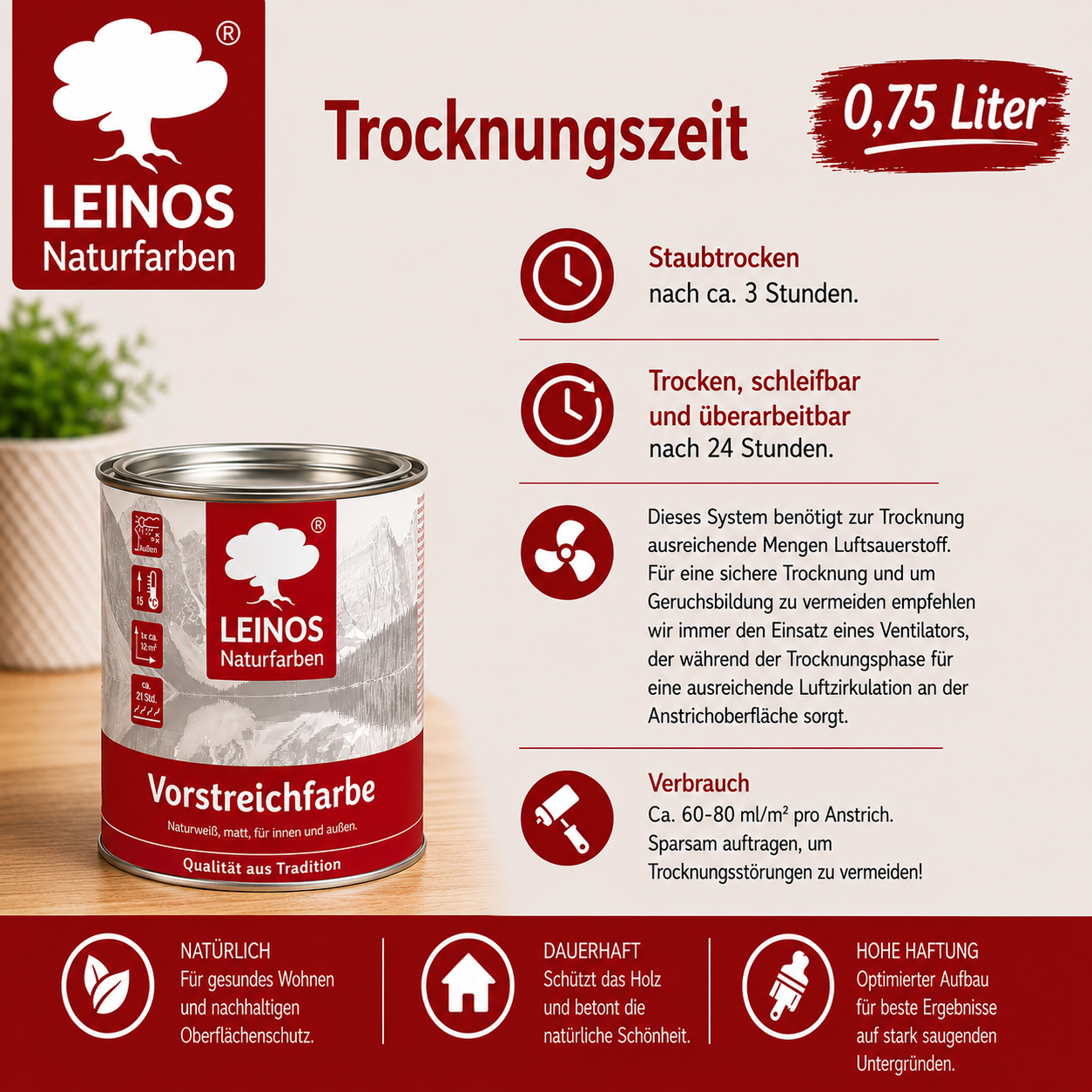 LEINOS Vorstreichfarbe 810 | 0,75 Liter | universelle Grundierung für Holz, Metall, Glasfasertapeten | schnelltrocknend, diffusionsoffen & atmungsaktiv | weiß matt, sehr gut schleifbar, innen & außen nutzbar