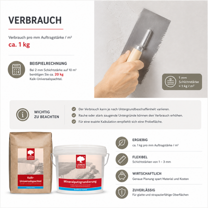 LEINOS Kalk-Universalspachtel 683, weiß – Mineralische Spachtelmasse für Wand & Decke innen, atmungsaktiv, schimmelhemmend, lösemittelfrei, glättbar & strukturierbar, auf Putz, Lehm, Gips – 10 kg