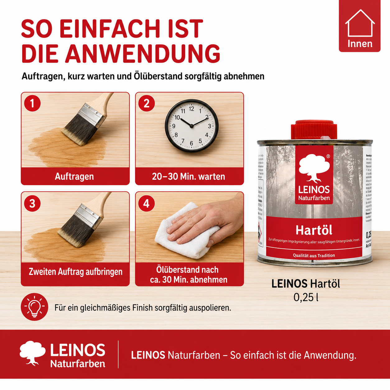 LEINOS Holzöl 250 ml | Hartöl Farblos für Tische Möbel Arbeitsplatten | Teak Eiche Möbelöl für effektive Versiegelung und langanhaltenden Schutz im Innenbereich