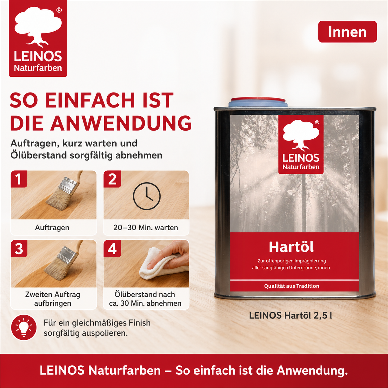 LEINOS Holzöl 2,5 l | Farbloses Hartöl für Möbel, Tische & Arbeitsplatten | Möbelöl für Teak, Eiche & weitere Hölzer | Natürliche Imprägnierung & Versiegelung mit langanhaltendem Schutz innen