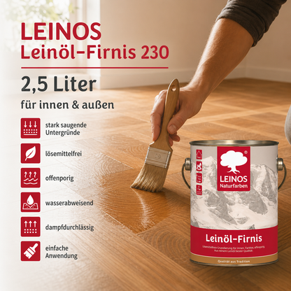 LEINOS Leinöl-Firnis 230 – 2,5 L offenporige Grundierung für stark saugende Untergründe innen wie Hirnholzparkett, Kork, Terracotta – ohne Filmschutz für außen – lösemittelfrei