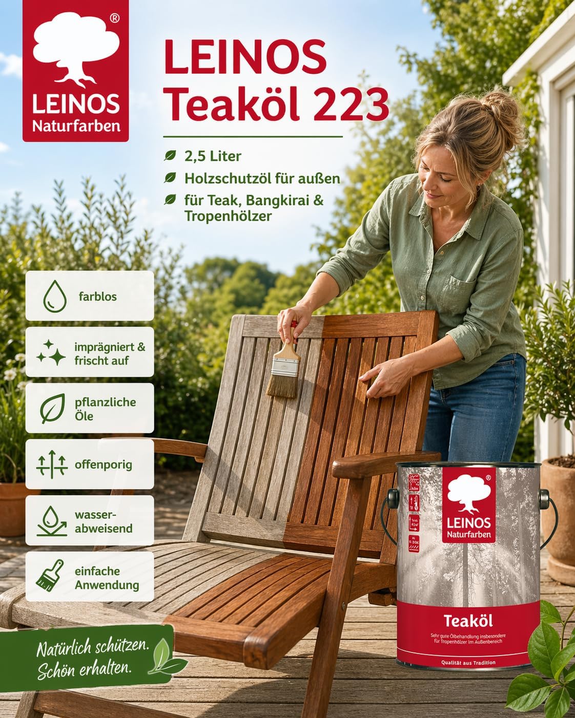 LEINOS Teaköl 223 – 2,5 Liter Holzschutzöl für außen, farblos, für Teak, Bangkirai & Tropenhölzer, imprägniert & frischt auf, pflanzliche Öle, offenporig, wasserabweisend, einfache Anwendung