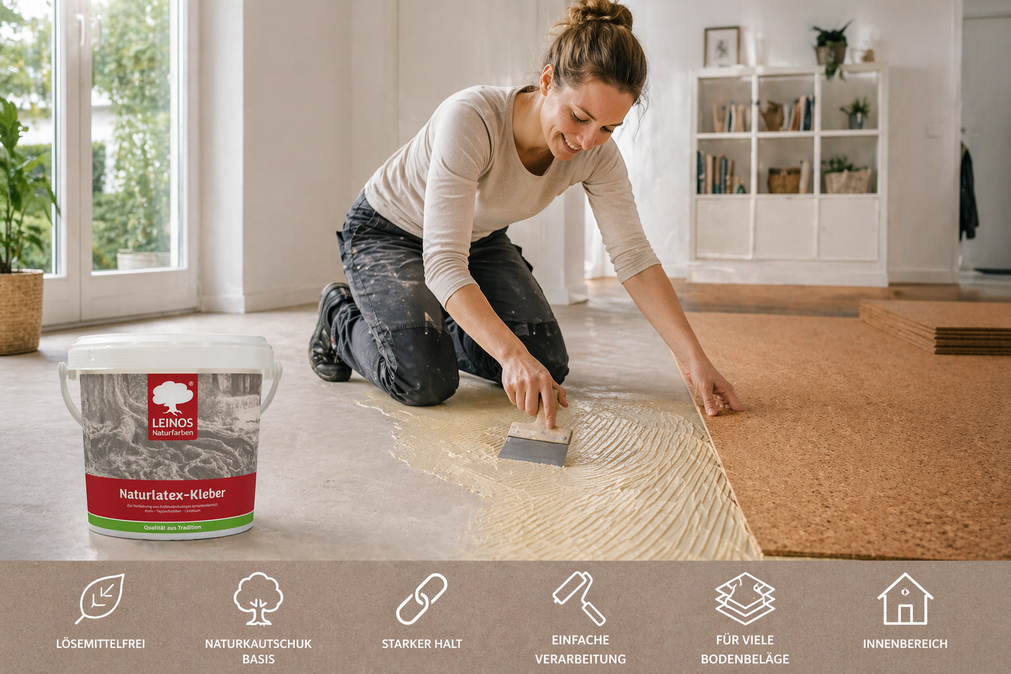 LEINOS Naturlatexkleber 1,00 kg – lösungsmittelfreier Kontaktkleber auf Naturkautschukbasis – für Teppiche, Kork, Leder, Filz, Linoleum & Papier – ideal für ökologische Anwendungen