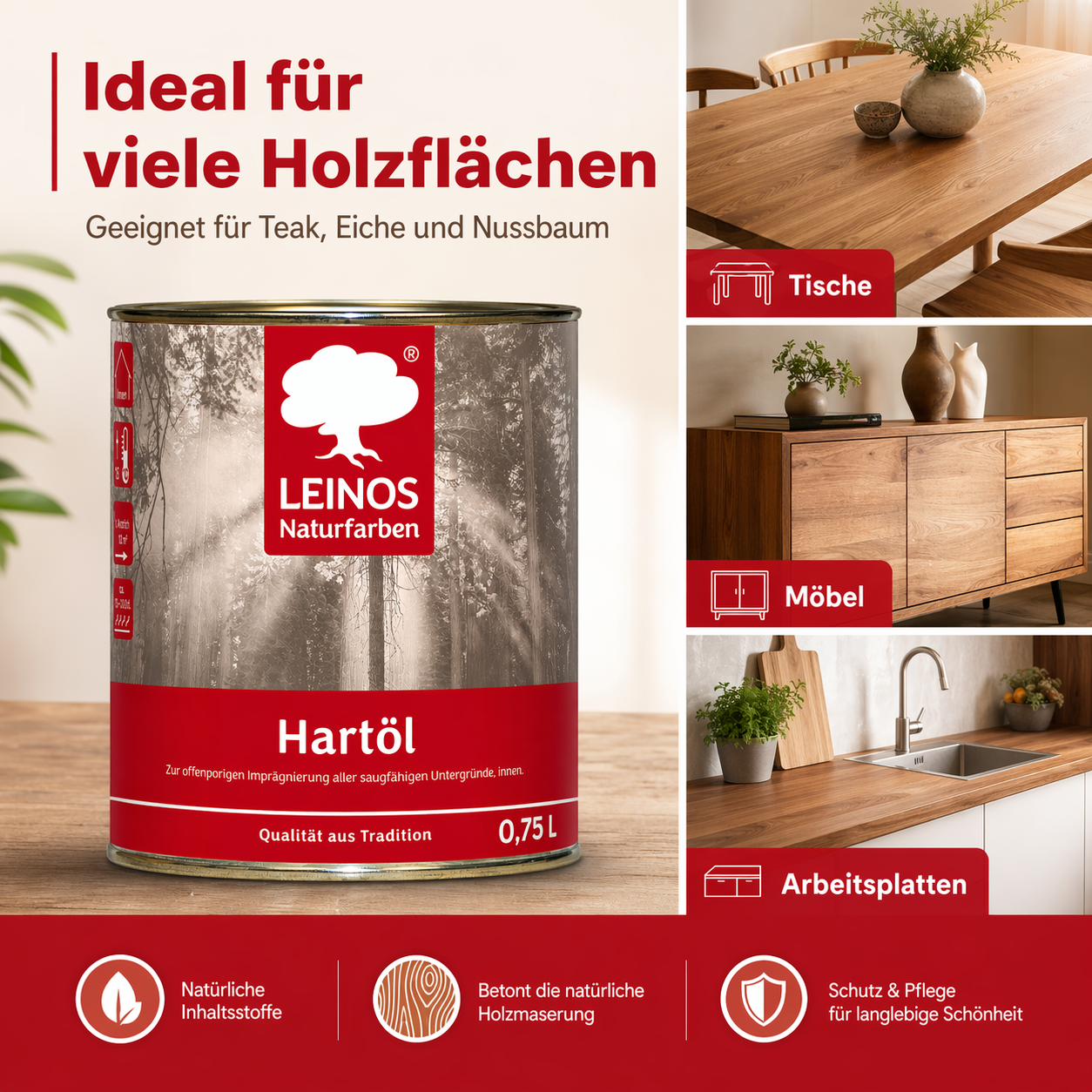 LEINOS Holzöl 750 ml | Hartöl Nussbaum für Tische Möbel Arbeitsplatten | Teak Eiche Möbelöl für effektive Versiegelung und langanhaltenden Schutz im Innenbereich
