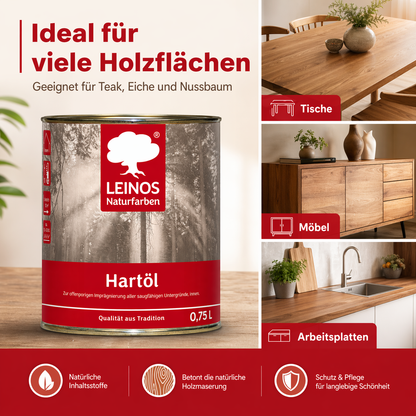 LEINOS Holzöl 750 ml | Hartöl Nussbaum für Tische Möbel Arbeitsplatten | Teak Eiche Möbelöl für effektive Versiegelung und langanhaltenden Schutz im Innenbereich